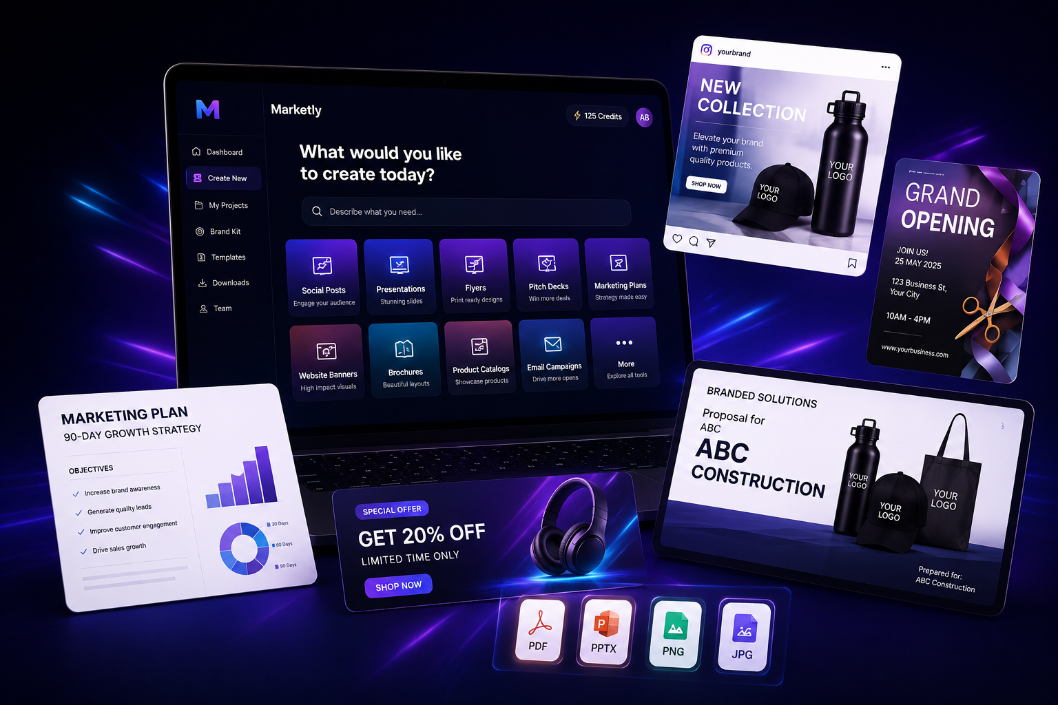 Marketly dashboard and generated marketing content